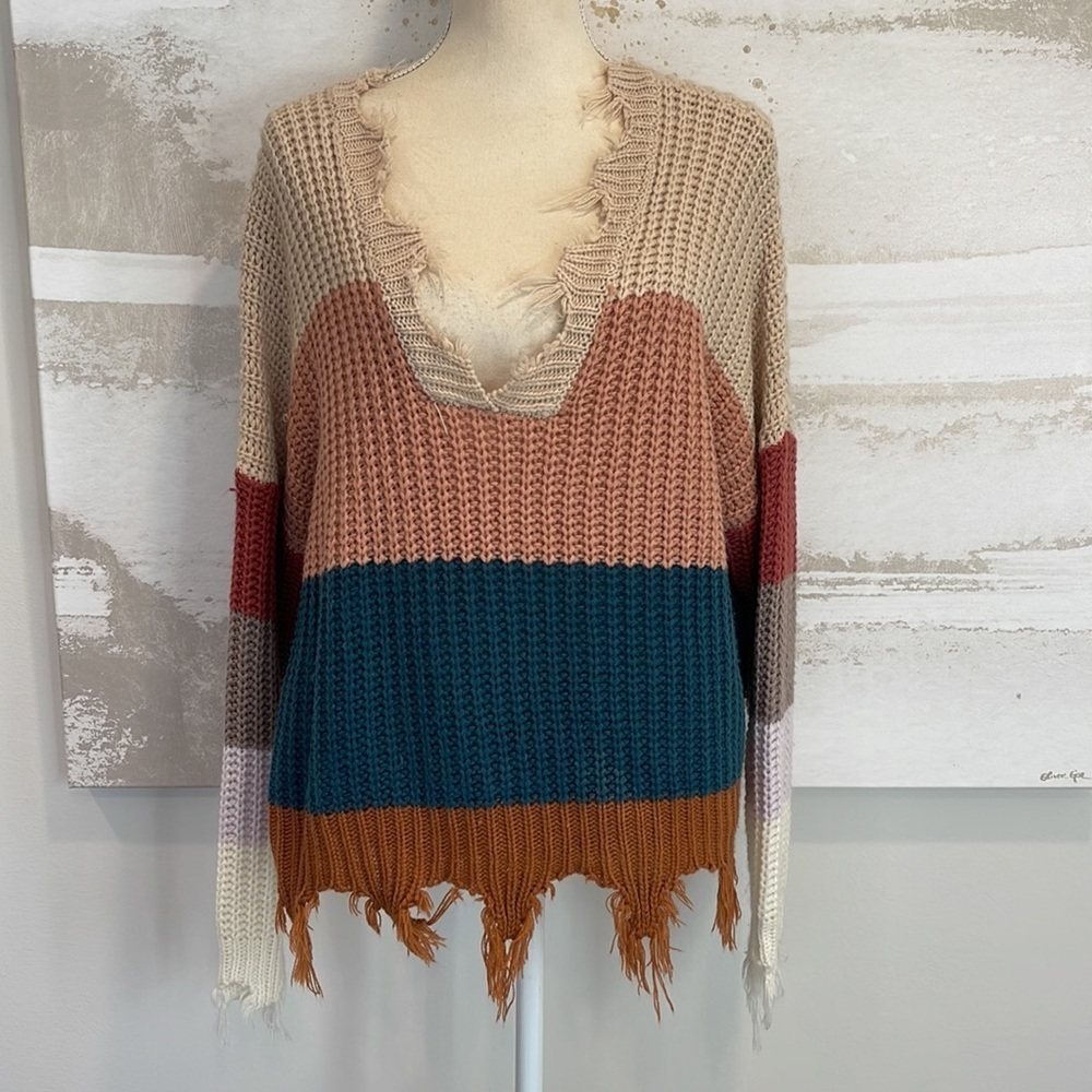 Women Distressed Multi Color Block Sweater - Picture 6 of 10